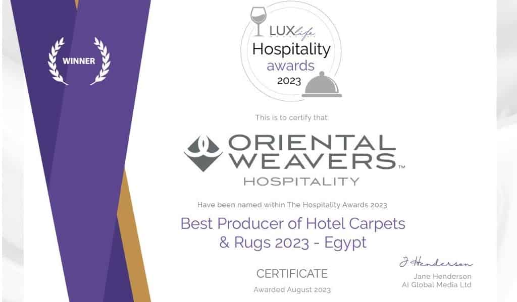 Oriental Weavers wins Best Producer of Hotel Carpets at LUXlife’s Hospitality Awards 2023


